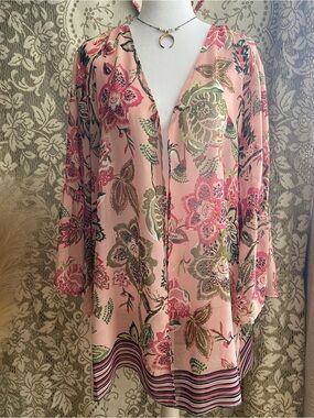 Kimono Cardigan Pink Floral Open-Front Bell Sleeves By Style & Co Womens Size M